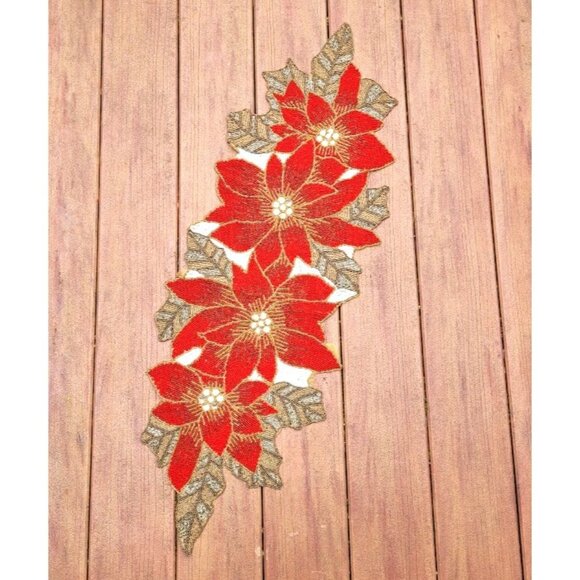 VTG Christmas Poinsettia Table Runner Beaded Floral Holiday Decor Party Display - Picture 1 of 8